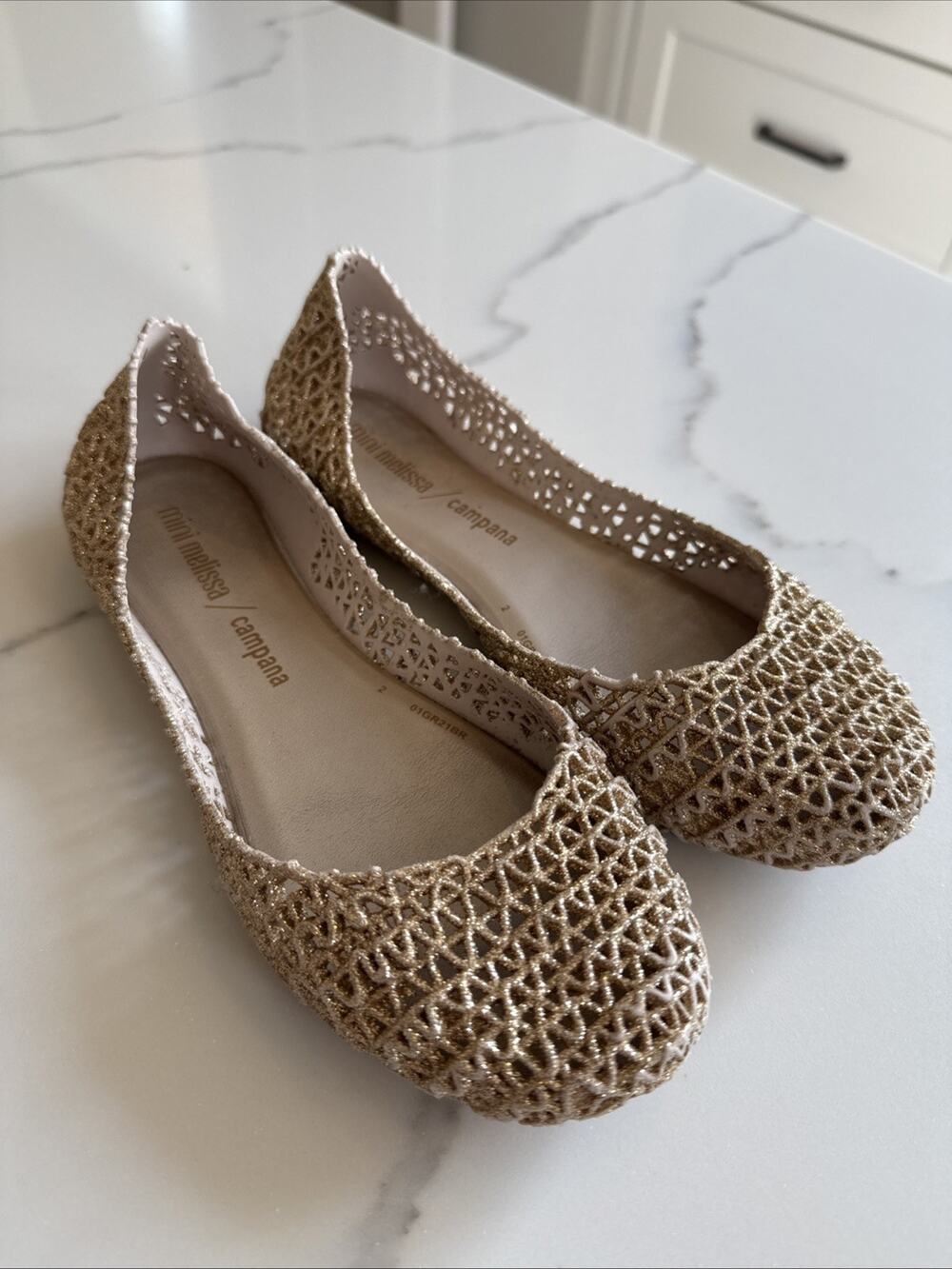 Girls Mini Melissa Campana Gold Glitter Papel Slip On Shoes Size 3 NEW